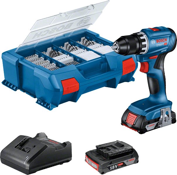 Taladro/Destornillador Bosch Professional Inalámbrico Gsr 18v-45 Professional, 18 Voltios Azul/Negro, 2 Baterías De Iones De Litio De 2,0 Ah, Juego De Accesorios De 82 Piezas, En Maletín En Forma De L 06019k3205
