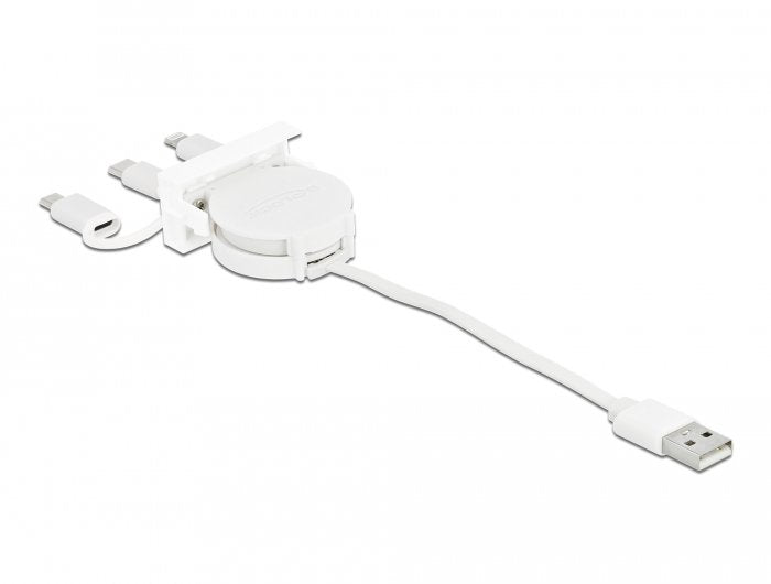 Delock Easy 45 Modul Usb 2.0 3 In 1 Aufrollcable Usb Typ-A Zu Usb-C, Micro Usb Und Lightning Weiss