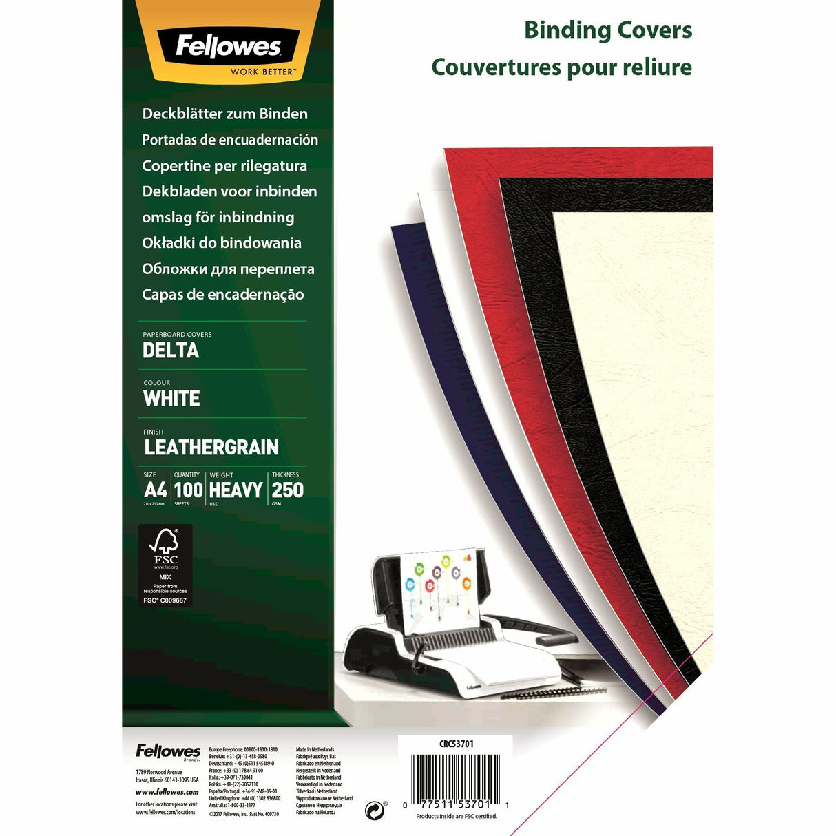 Fellowes Pack De 100 Portadas De Carton Simil Piel Delta Cuero A4 - 250 Gr - Color Blanco