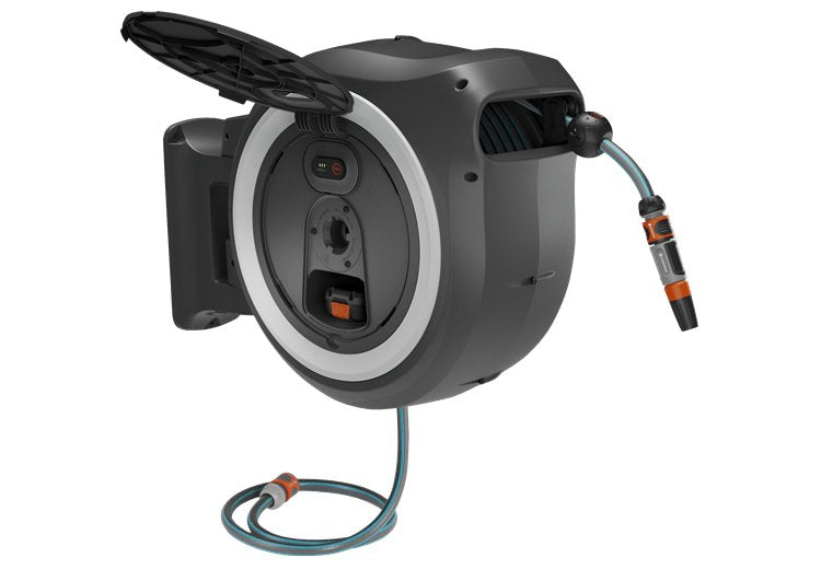 Caja Portamangueras De Pared A Batería Gardena Powerroll Xl 18v P4a, 35 Metros, Enrollador De Manguera Gris/Blanco, Batería Li-Ion 2,5ah, Power For All Alliance 18642-20