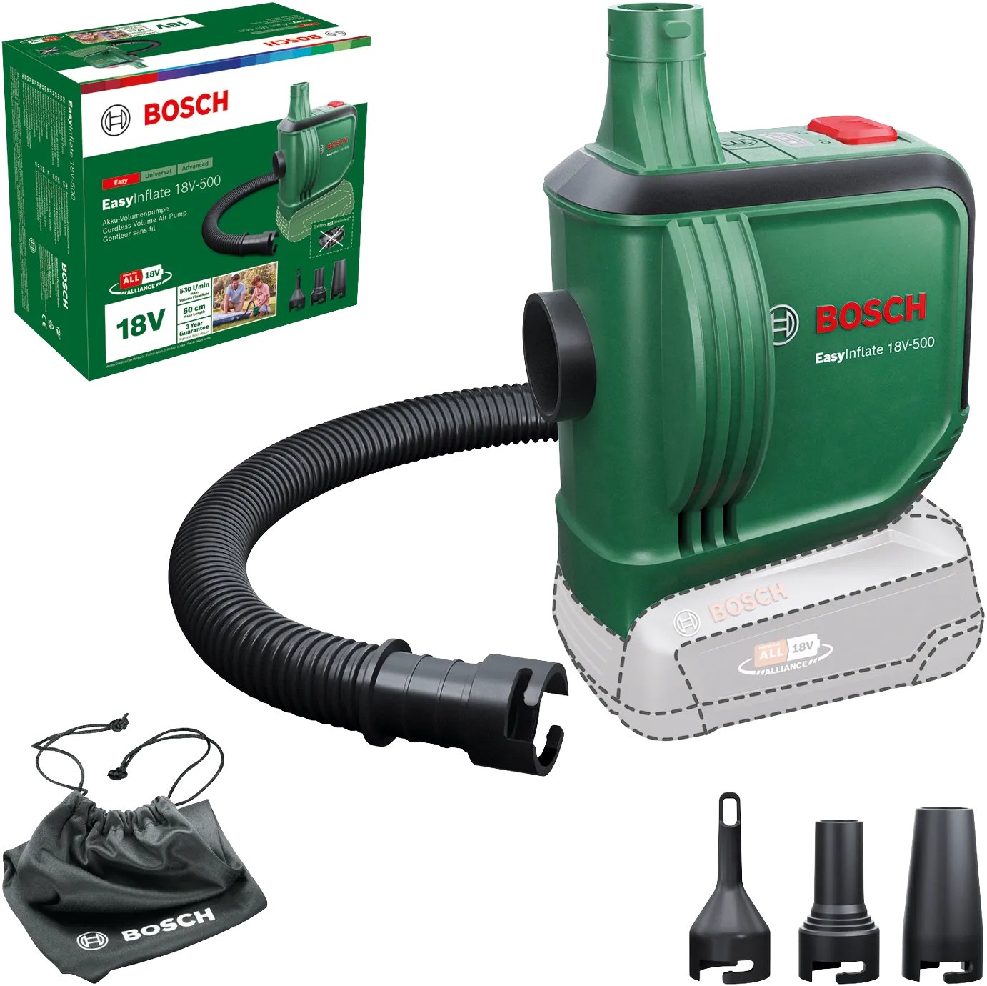 Bomba De Aire Inalámbrica Bosch Easyinflate 18v-500 Solo, 18volt Verde/Negro, Sin Batería Ni Cargador, Power For All Alliance