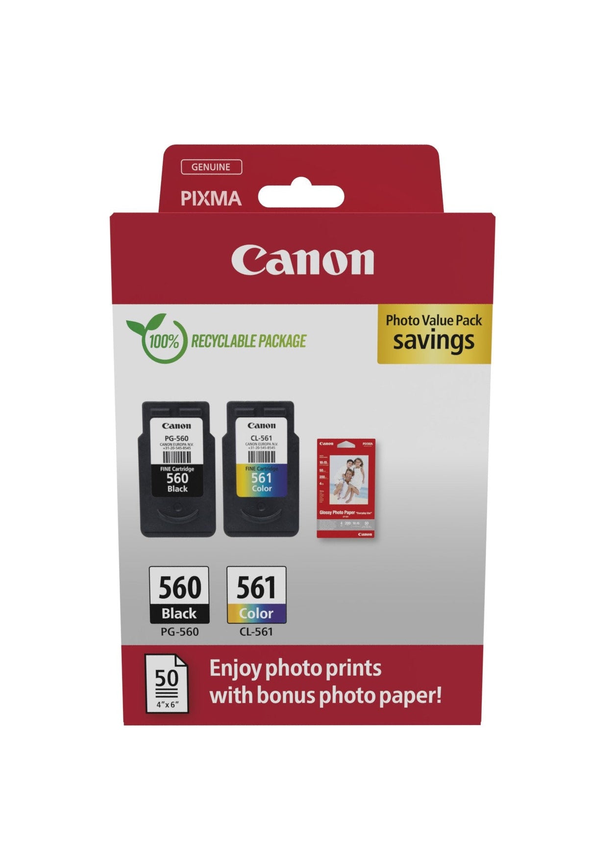 Canon Pg-560/Cl-561 Pack De 2 Cartuchos De Tinta Originales + Papel Fotografico Brillante Gp-501 - 3713c008