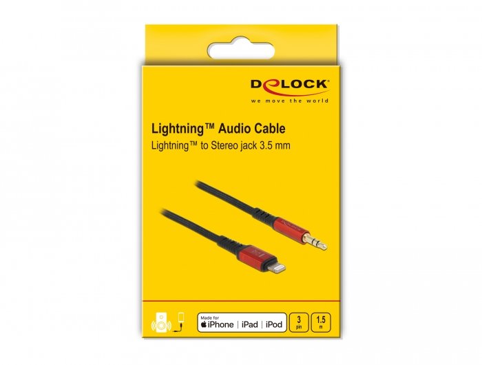 Cable De Audio Delock Conector Lightning De 8 Pines > Conector Jack De 3,5 Mm, 3 Pines, Negro/Rojo, 1,5 Metros 86587