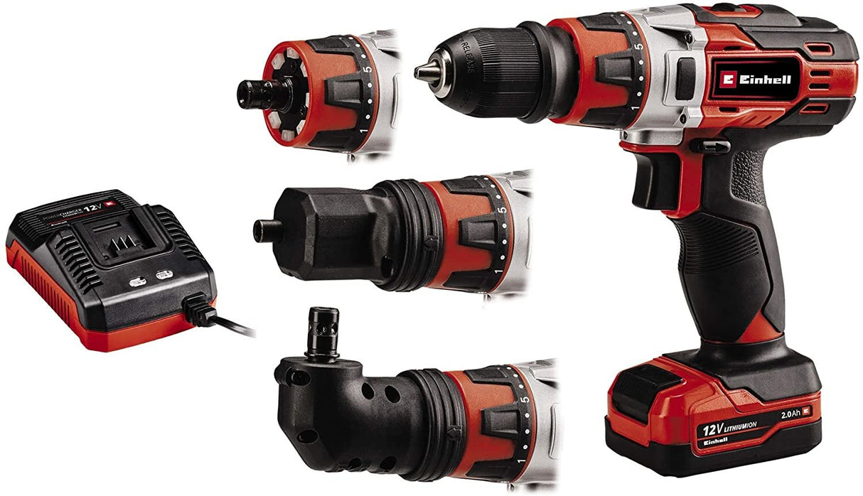 Einhell Set De Taladro-Atornillador Con Batería Te-Cd 12/1 3x-Li (Iones De Litio, 12 V, Incl. Batería 2,0 Ah + Cargador, Pieza Adicional Angular Y Excéntrica, Maletín De Conservación)