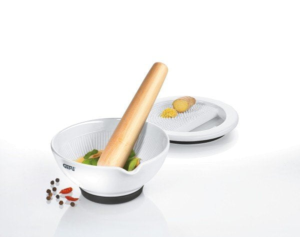 Mortero Y Maja Gefu Suri De Nogal, Porcelana Blanca Y Madera De Teca