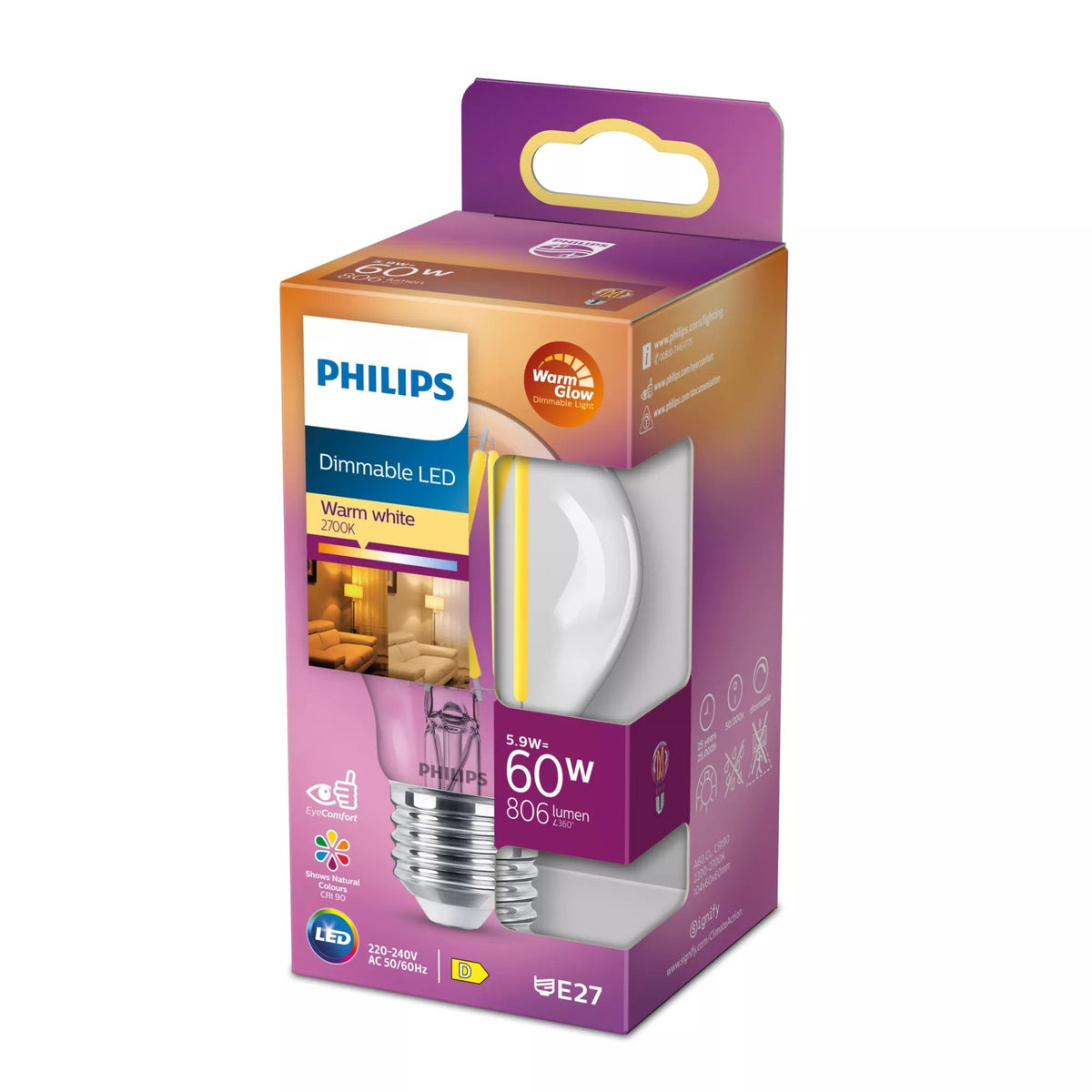 Philips Filament-Lámpara, Transparente, 60 W A60 E27, 5,9 W, 60 W, E27, 806 Lm, 25000 H, Warmes Glühen