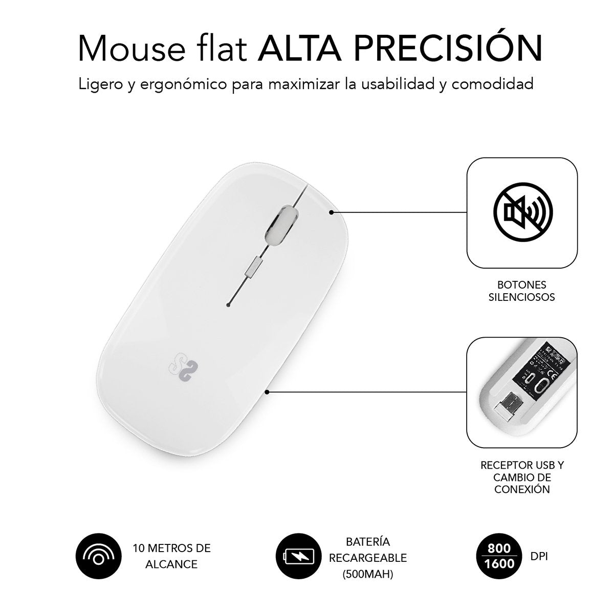 Ratón Inalámbrico Por Bluetooth Subblim Dual Flat Batería Recargable Hasta 1600 Dpi Blanco