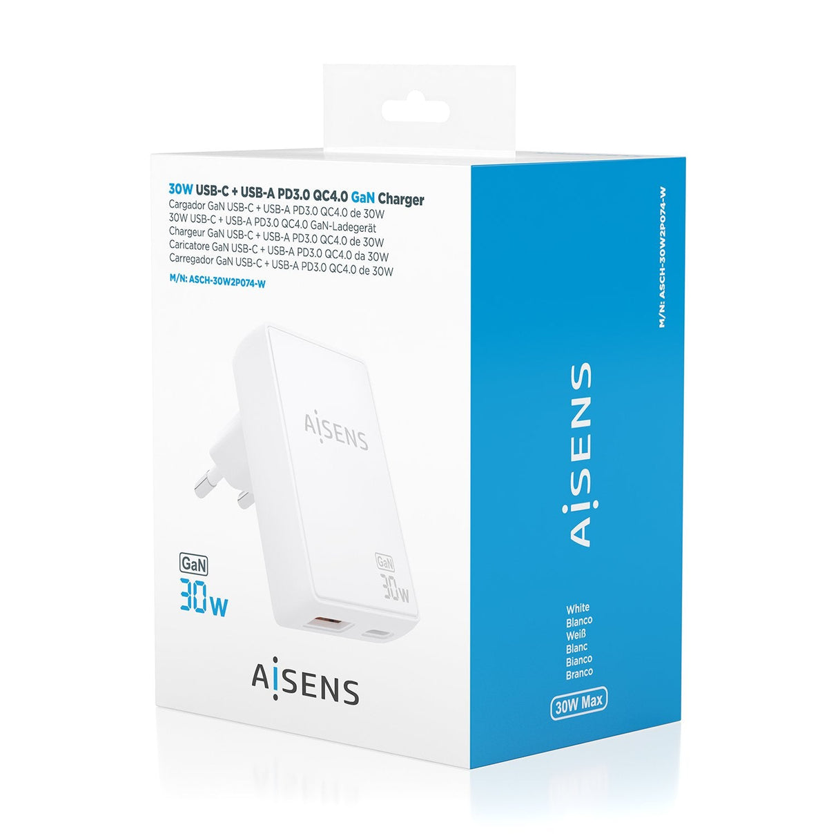 Aisens Cargador De Pared Gan Ultra Delgado 30w, 1xusb-C Pd3.0 Qc4.0, 1xusb-A Qc3.0, Blanco