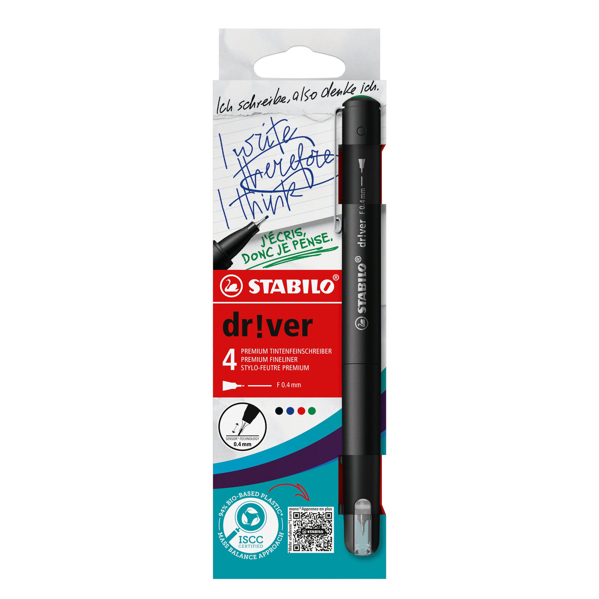 Stabilo Dr!Ver Pack De 4 Rotuladores De Punta Fina 0.4mm - Tinta A Prueba De Manchas, Inodora Y Con Base Al Agua -
