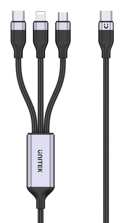 Cable Unitek C14101agy01-1.5m Usb-C 3in1 To Lightning Usb-C Micro Usb Multi Charging Black