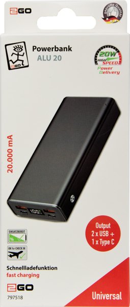 Acv 2go Powerbank Alu20 20.000mah, Pd 20 Watt Gris, 2x Usb-A Fastcharge, 1x Usb-C Pd 797518