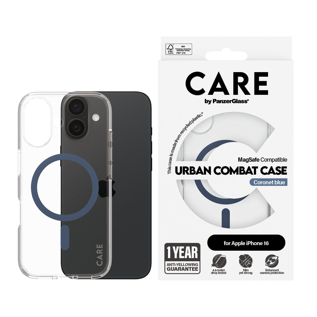EAN 5715685004315 - PanzerGlass CARE™ by ® Urban Combat Case Transparent w. Blue MagSafe iPhone 16 funda para teléfono móvil imagen 2