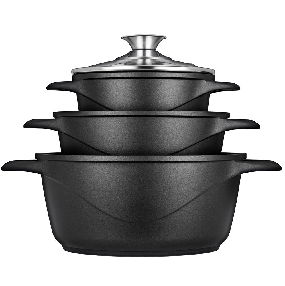 Smile Mgk18 - Batería De Cocina Inducción 6 Piezas Aluminio Fundido, 3 Ollas, Tapas De Vidrio