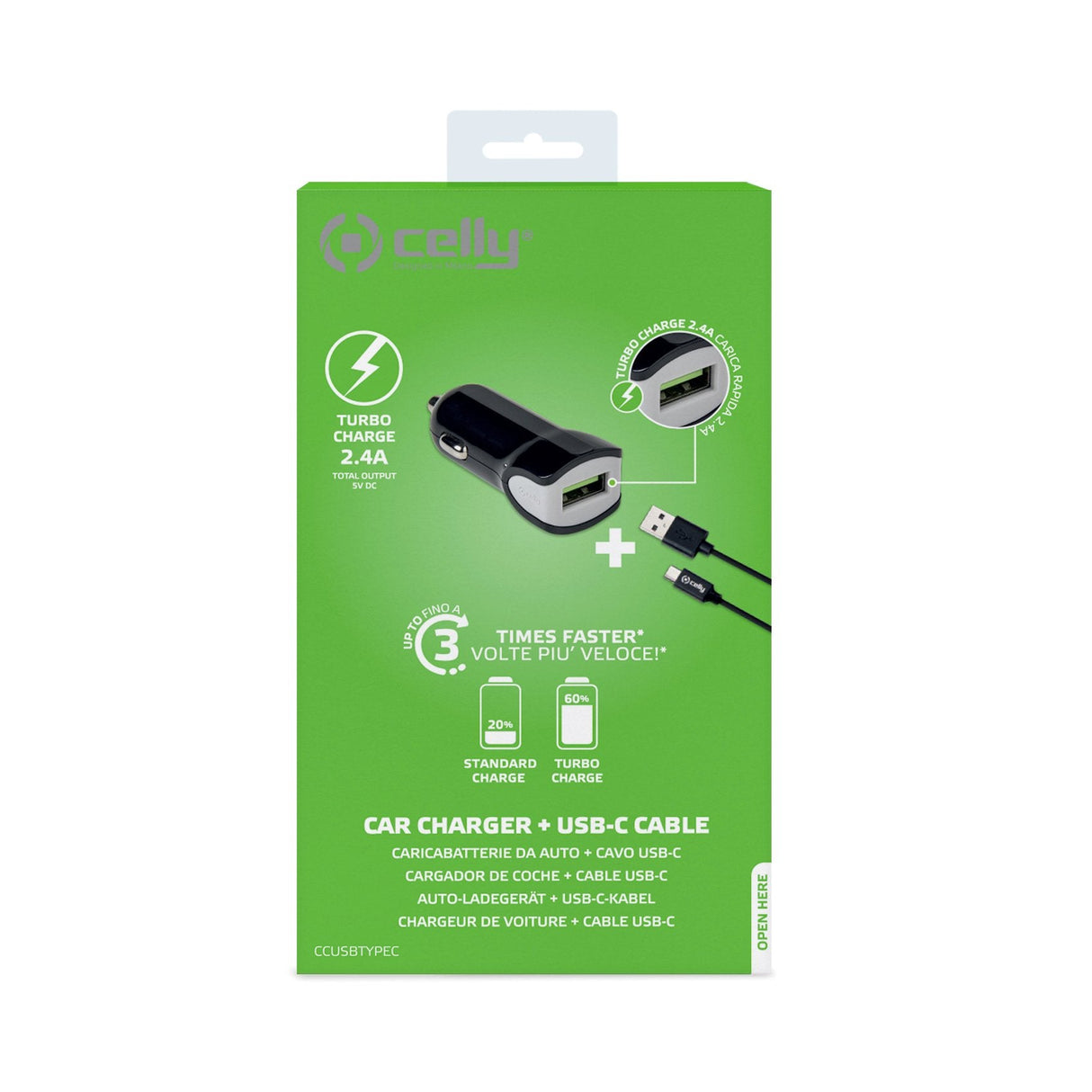 Celly Cargador De Coche Usb + Cable Usb - Usb-C 12w Negro