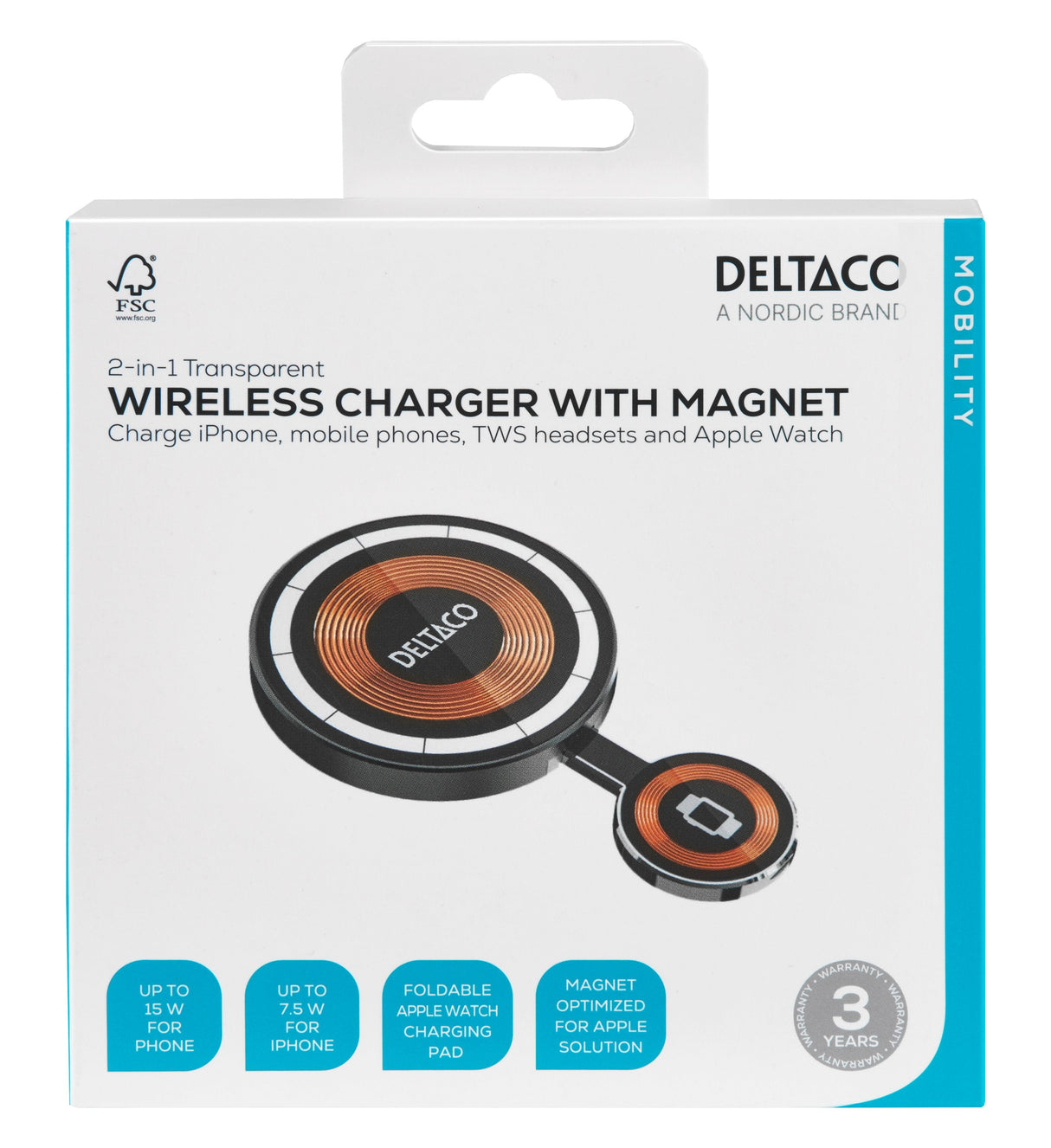 Deltaco 2-In-1 Wireless Charger 15w Transparent