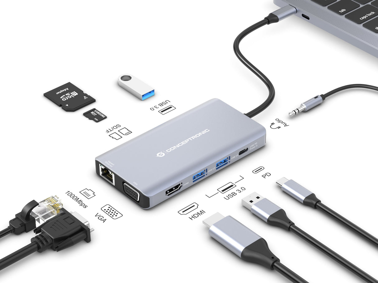 Dock Usb-C 10in1 Conceptronic Hdmi Vga Usb 3.0 Usb-A Audio Lan Gigabit Lector De Tarjetas Usb-C Pd 100w
