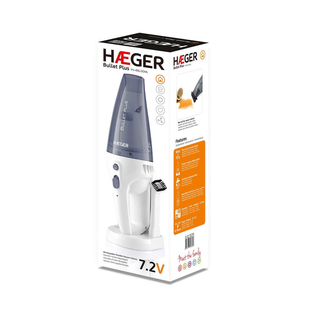 Aspirador De Mano Haeger Bullet Plus Aspira Líquido Y Sólido 7.2v Dc 2 Velocidades Modo Silencioso Recargable Color Gris