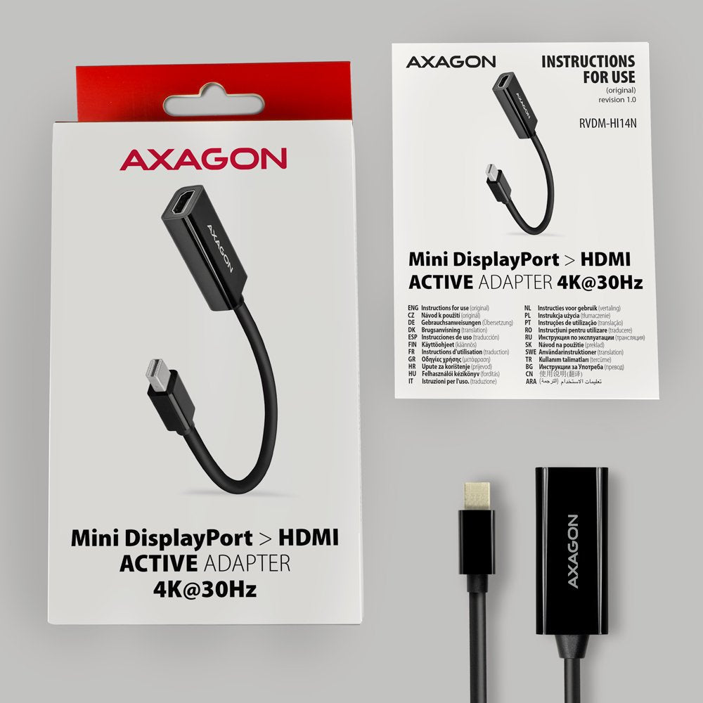 Axagon Rvdm-Hi14n Mini-Displayport Zu Hdmi Adaptador, 4k/30 Hz, 15 Cm Lang - Negro
