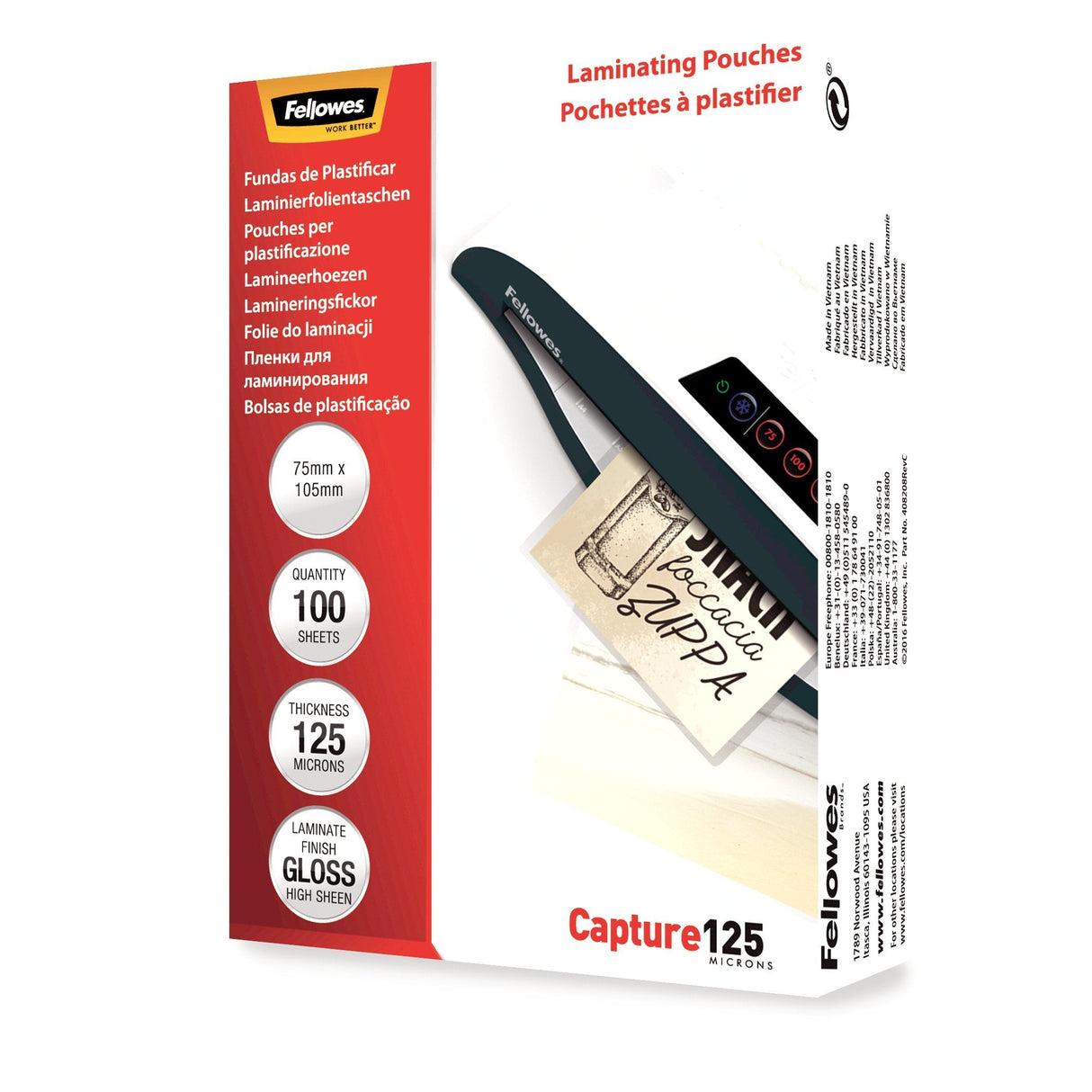 Fellowes Pack De 100 Fundas Para Plastificar Brillo Para Tarjetas 75 X 105mm - 125 Micras - Alta Calidad - Transparente