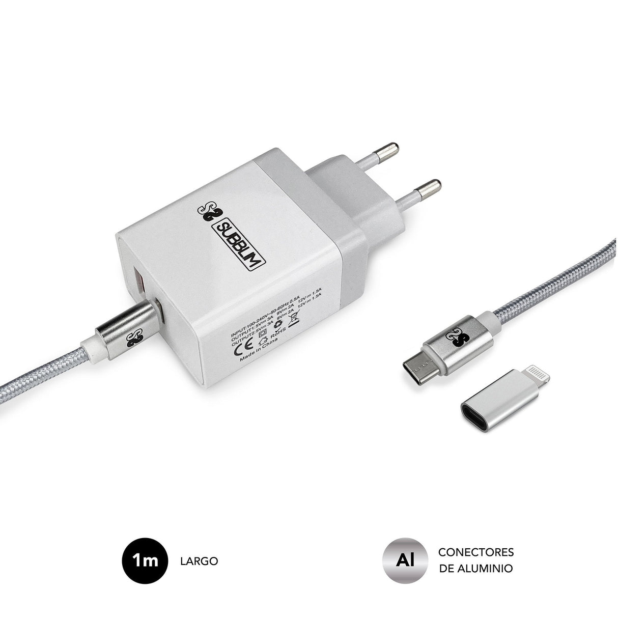 Subblim Cargador Ultra Rapido 2xusb De Pared Pd25w+Qc3.0+Cable C To C Y Lightning Blanco