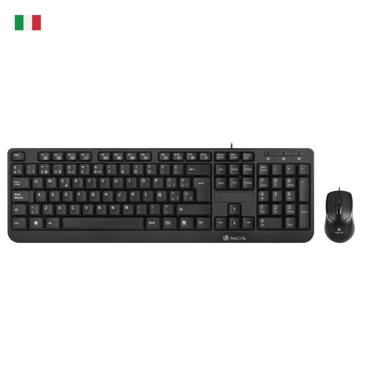 Teclado Italiano + Raton Ngs Kit Multimedia Con Cable - Qwerty - 12 Teclas Multimedia - Color Negro