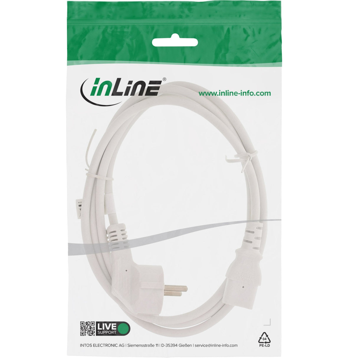 Cable De Alimentación Inline, Schutzkontakt A Iec Hembra De 3 Pines, Blanco, 1,0 M