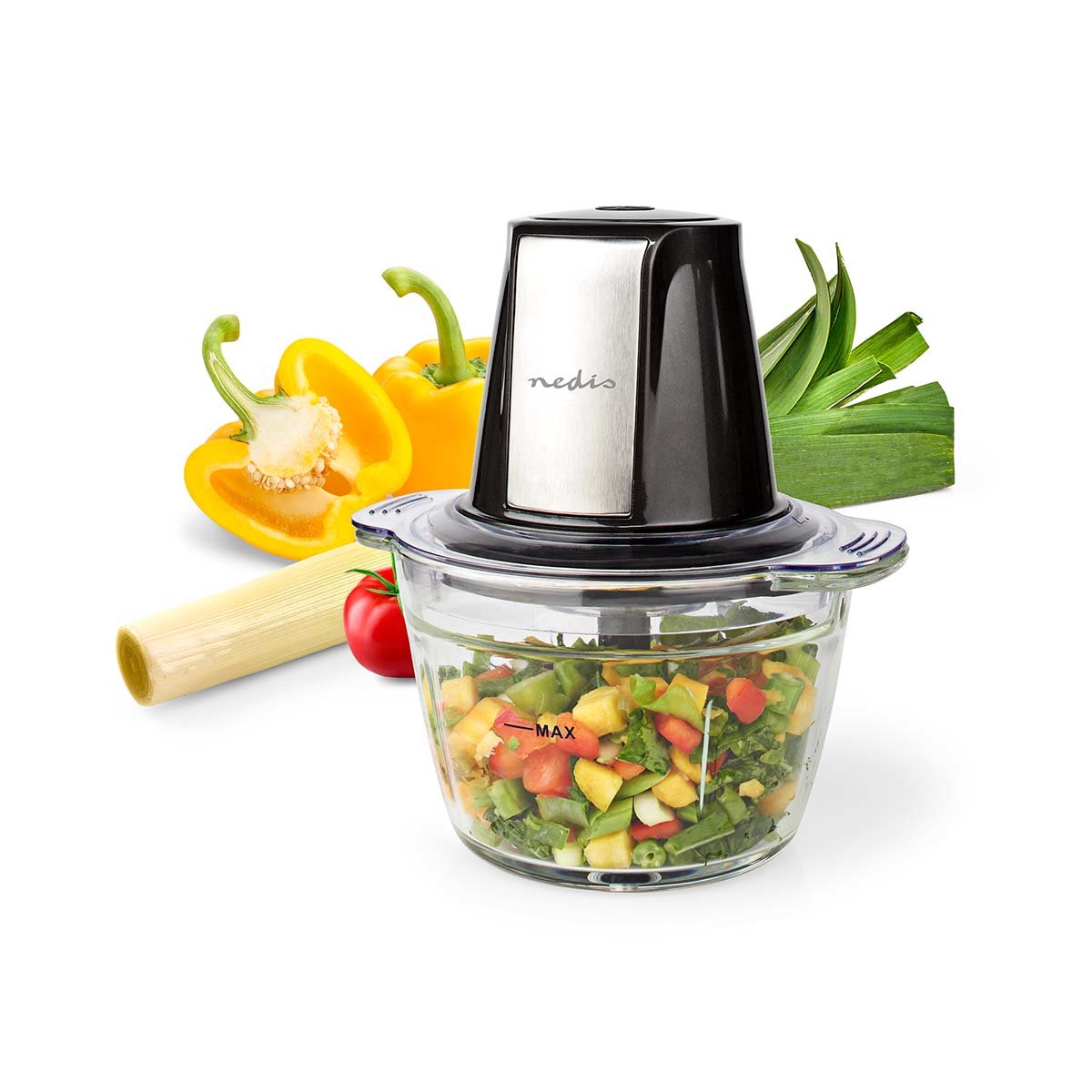EAN 5412810336791 - Nedis KAMC300CGY picadora eléctrica de alimentos 1 L 500 W Negro, Plata, Transparente imagen 7