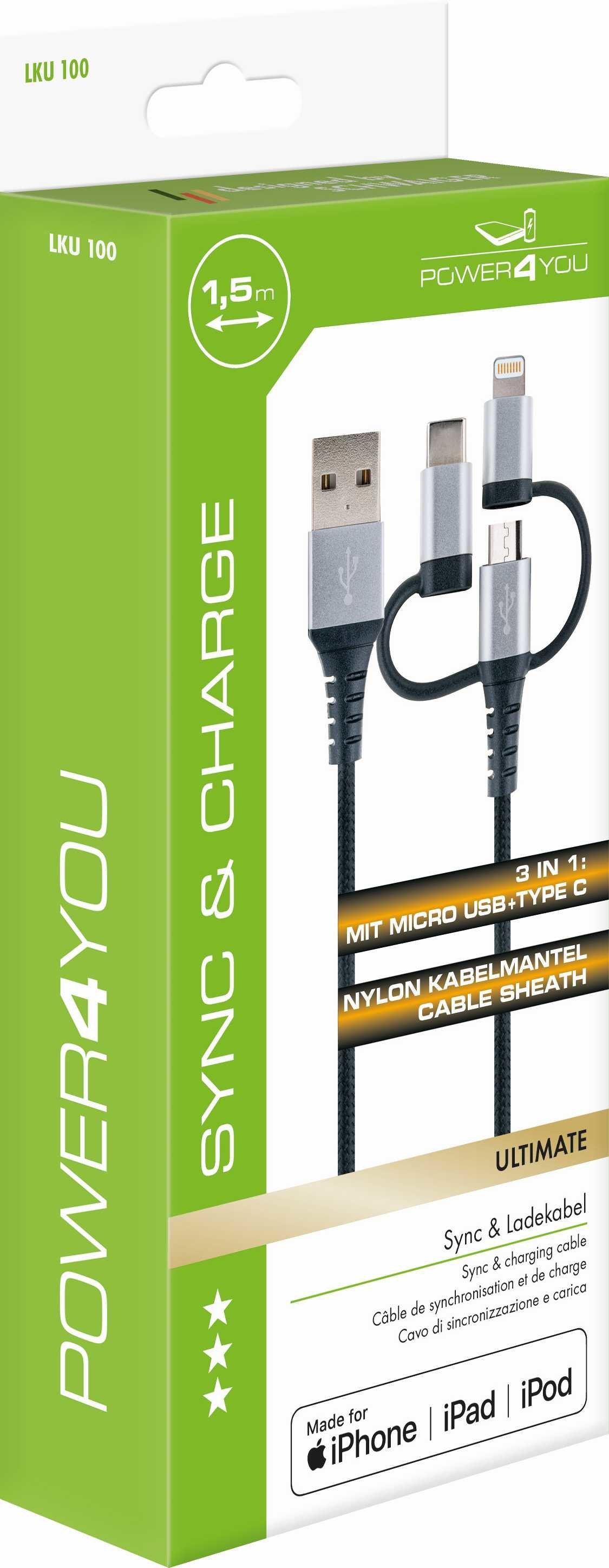 Schwaiger Carga Y Sincronización Universal 3 En 1 Negro / Plateado 1,5 M