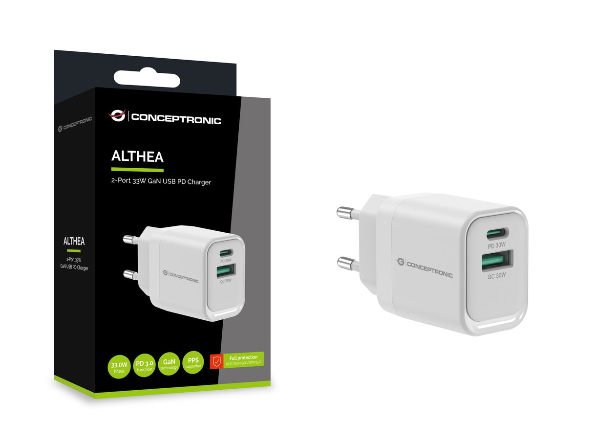 Cargador De Pared Quick Charge 3.0 Pd  Pps 1puerto Usb-C 1 Puerto Usb-A Conceptronic Althea 33w