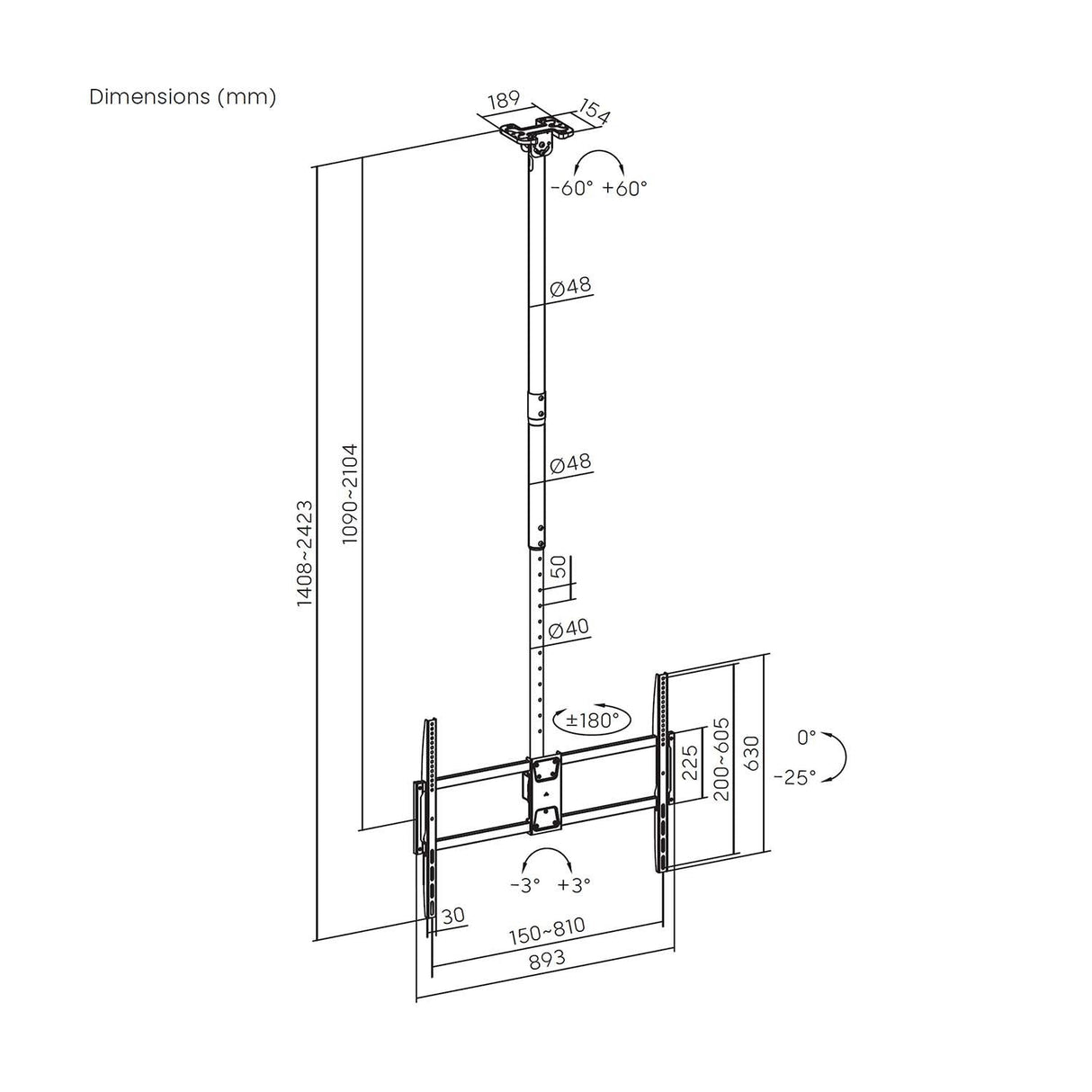 Aisens Soporte De Techo Pro Giratorio, Inclinable, Extensible Y Nivelable Para Monitor/Tv 80kg De 50-100, Negro
