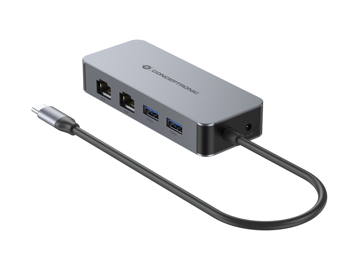 Adaptador Usb-C A Ethernet Rj45 Conceptronic Abby24g 2 Puertos Gigabit Con Hub Usb 3,2 X2 Puertos