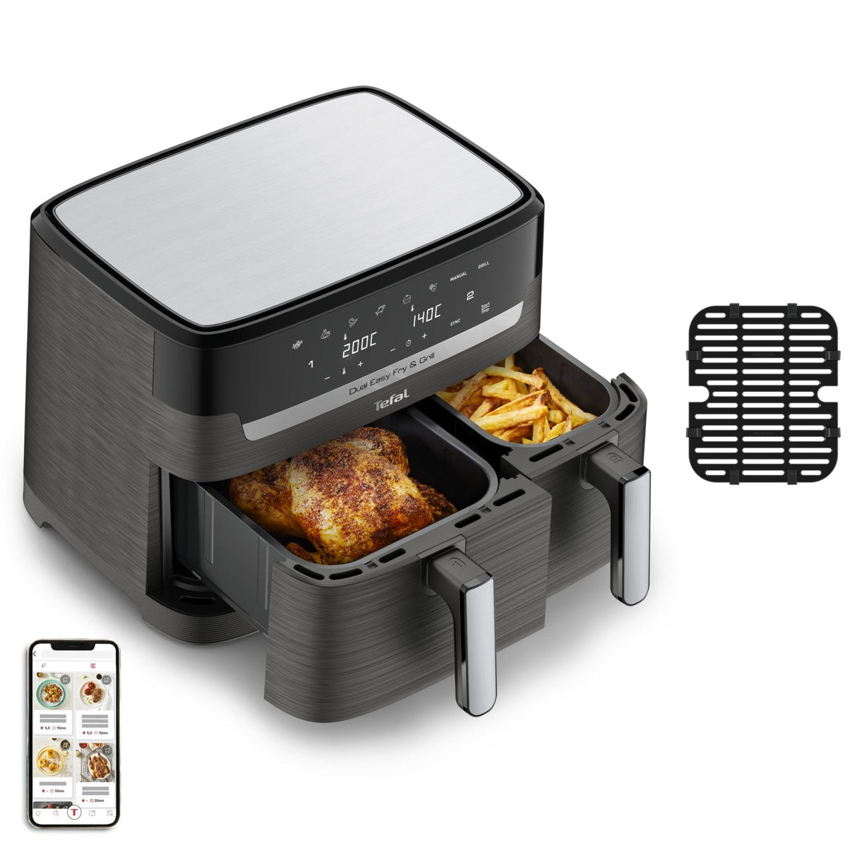 Freidora De Aire Caliente Doble Tefal Dual Easy Fry & Grill Negra, 2.700 Vatios, 2 Cestos 5,2 Litros + 3,1 Litros Ey905b