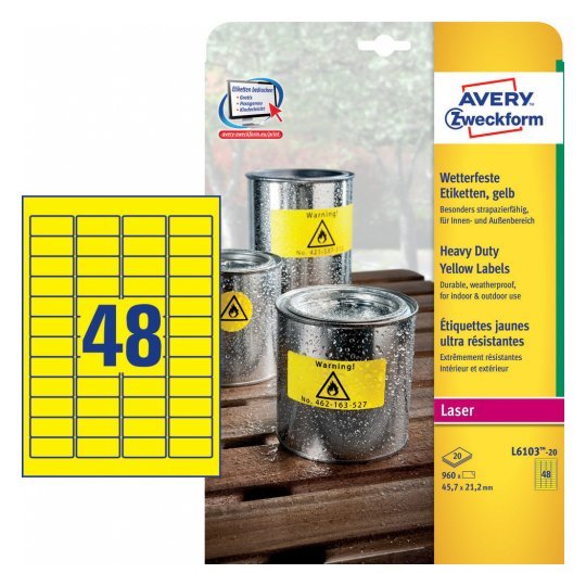Avery L6103-20 Etiqueta Autoadhesiva Amarillo Rectángulo Permanente 960 Pieza(S)