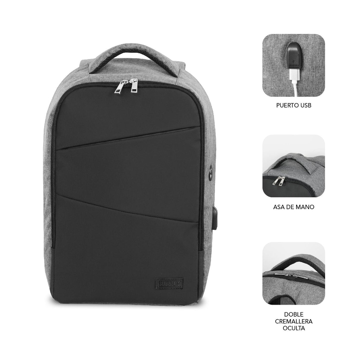 Mochila Secure V2 Ap Antirobo 16'' Gris Subblim Apertura Doble Cremallera/ Puerto Usb/ Asa De Mano Superior
