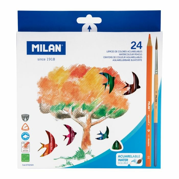 Milan Pack De 24 Lapices Triangulares Acuarelables + Pincel - Mina 2.9mm - Trazo Uniforme - Resistente A La Rotura - Colores Surtidos