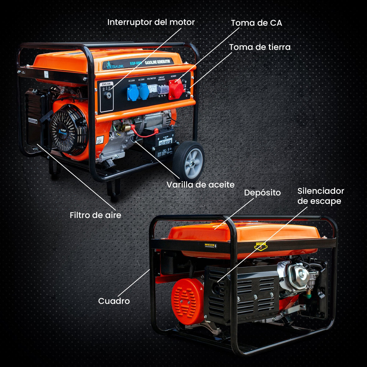Extralink Ex.30356 Motor-Generador 5000 W 25 L Gasolina Negro, Naranja