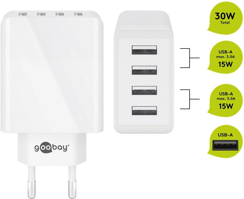 Cargador Usb Enchufable Usb Blanca De 4 Vías, 3a, 30w