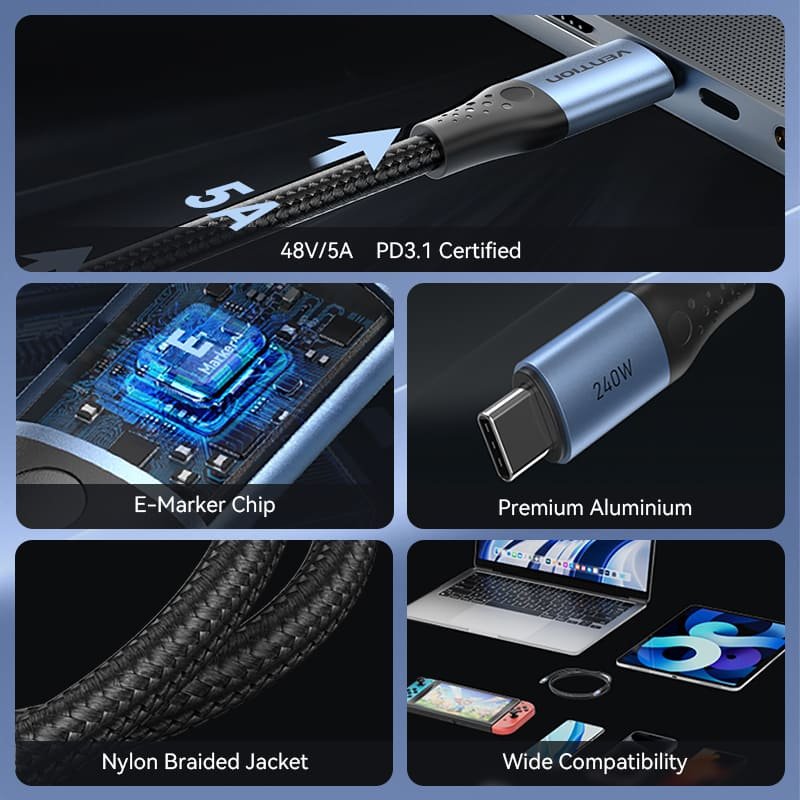 Cable Usb 2.0 Tipo-C 5a Vention Trebd Usb Tipo-C Macho Usb Tipo-C Macho Hasta 240w 480mbps 50cm Azul Y Negro