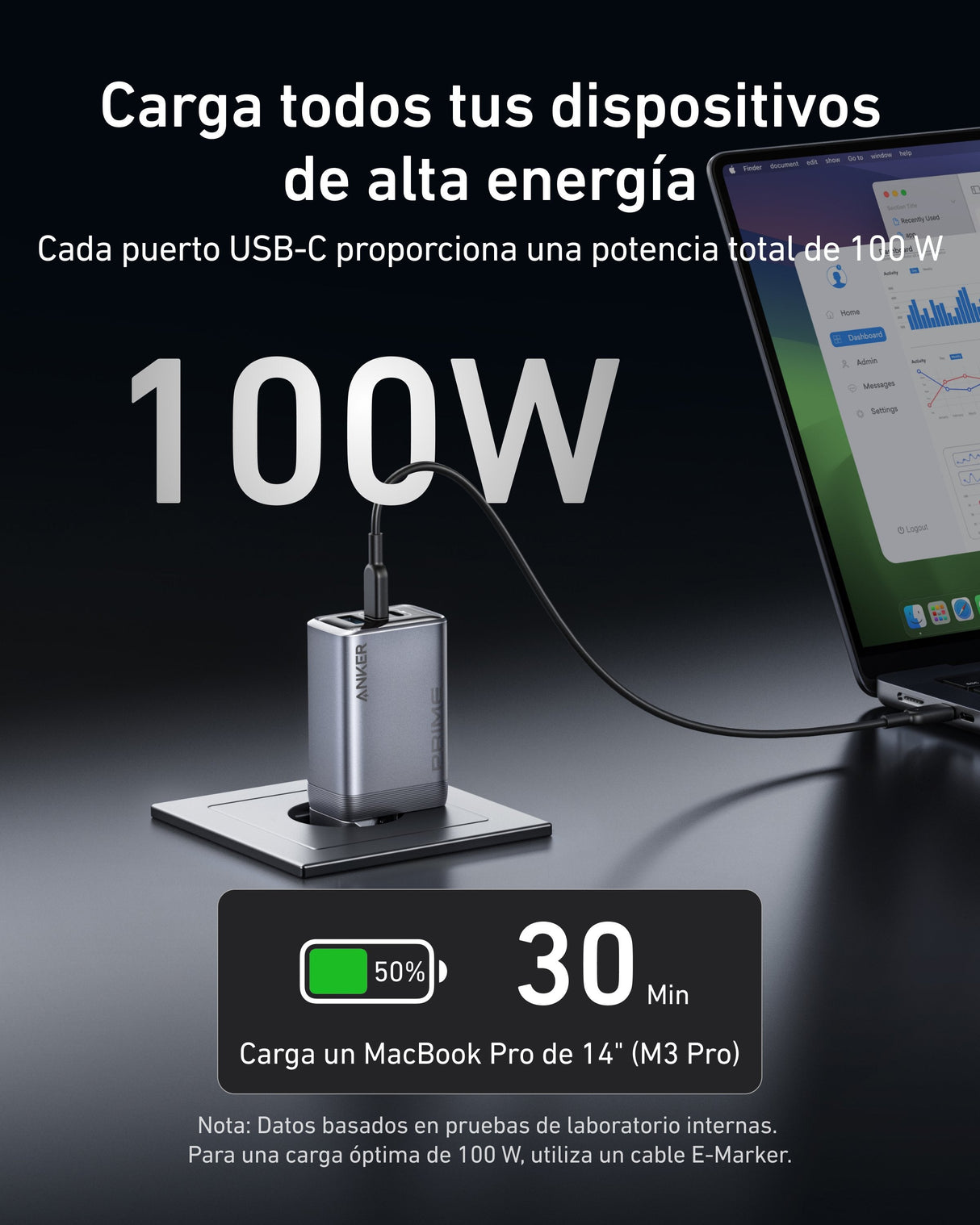 Cargador Anker Prime Charger(100w 3 Ports Gan)