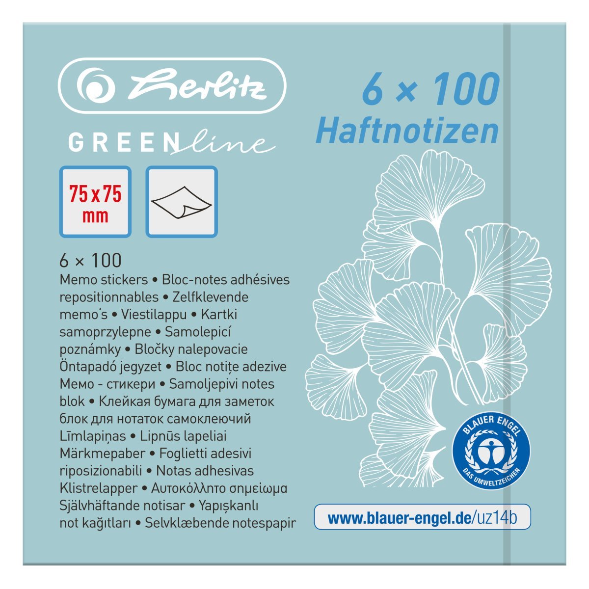 Herlitz Haftnotizblock 75x75mm 6x100bl Verdeline Farb. Sort.