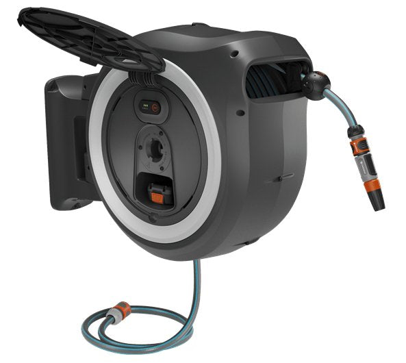 Portamangueras De Pared A Batería Gardena Powerroll Xxl 18v P4a Solo, 40 Metros, Enrollador De Manguera Gris/Blanco, Sin Batería Ni Cargador, Power For All Alliance 18647-55