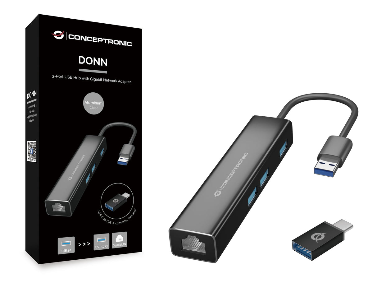 Conceptronic Usb-Hub 3port Usb-C->Usb-A 3.0/Giga.+Adaptador
