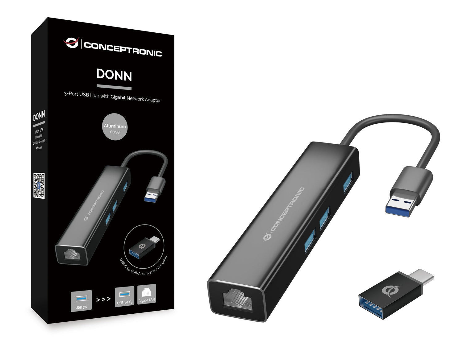 Conceptronic Usb-Hub 3port Usb-C->Usb-A 3.0/Giga.+Adaptador