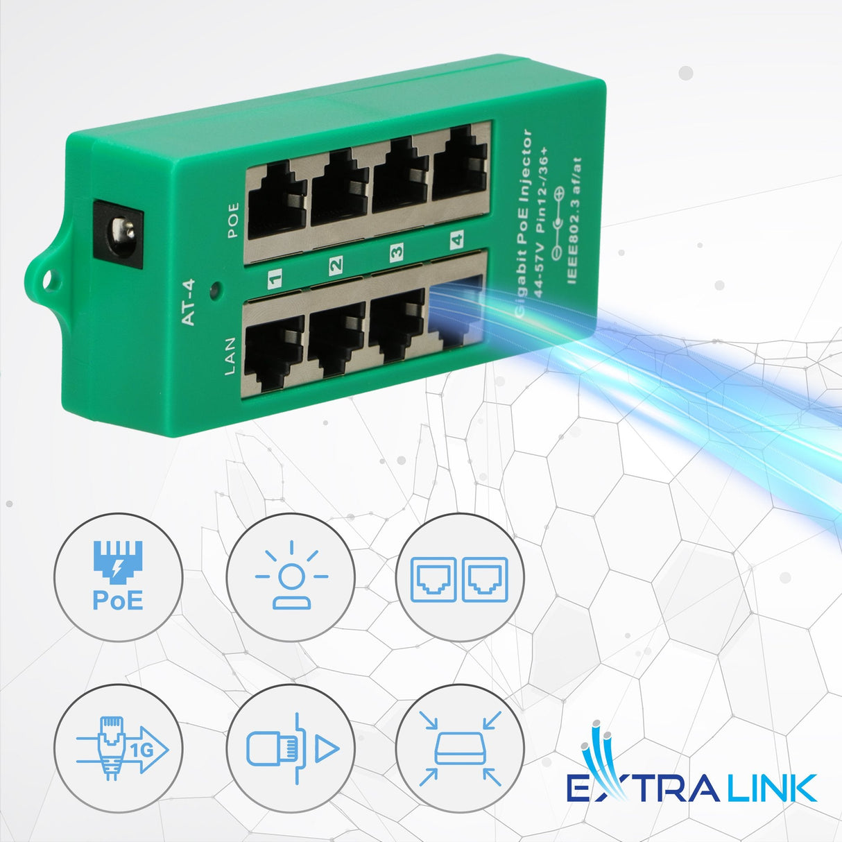 Extralink Active Poe Injector 4 Port Gigabit 802.3at/Af Mode A