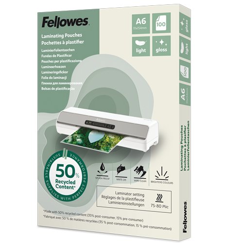 Fellowes Fundas De Plastification A6 Con 50 Paracentage De Contenu Recyclé - Usage Léger Brillant Pack De 100