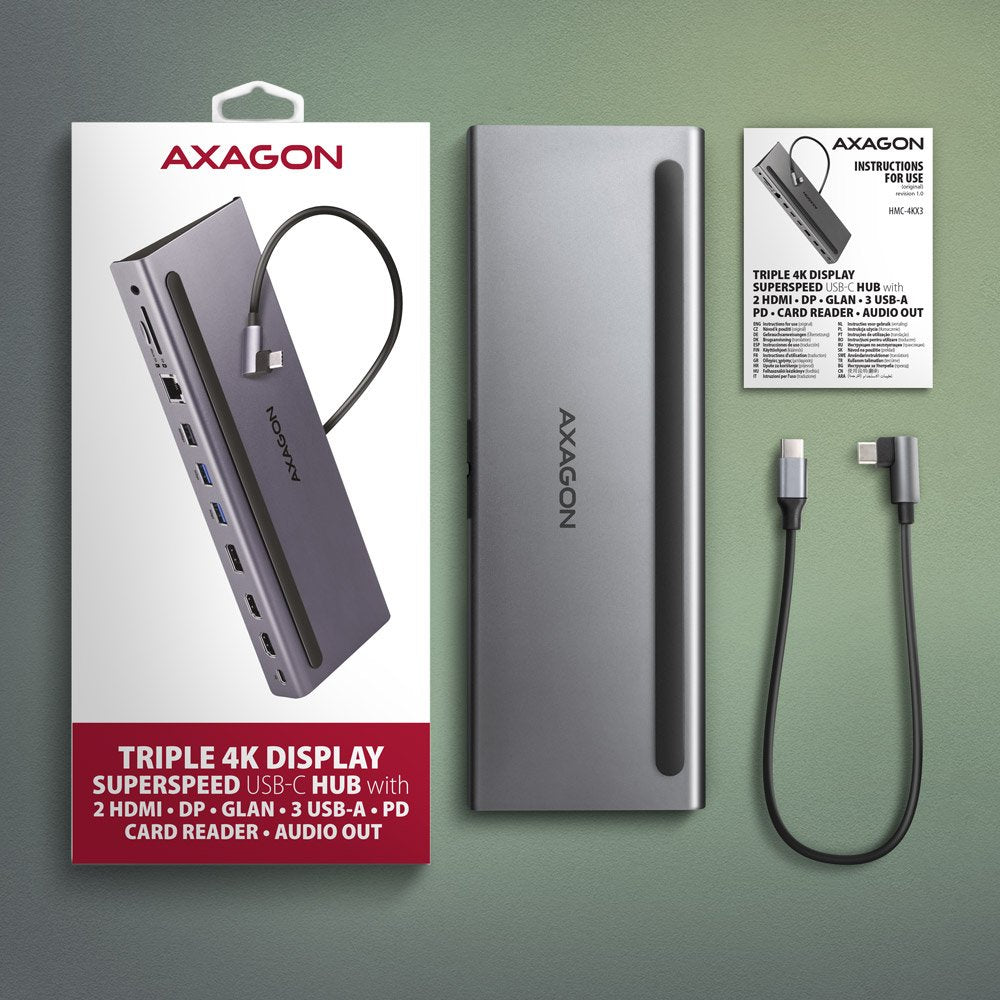 Axagon Hmc-4kx3 Usb 3.0 Hub, Minidp + 2x Hdmi, Lan, Pd, 3x Usb-A, Sd-Kartenleser, Audio