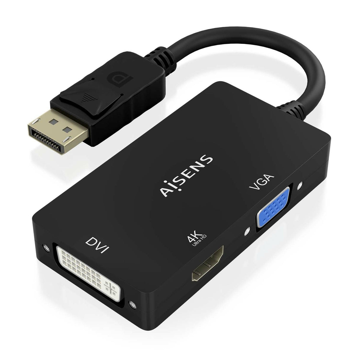 Aisens Conversor Displayport V1.2 A Vga/Dvi/Hdmi, Dp 1.2/M-Vga/H-Dvi/H-Hdmi/H 4k, Negro, 15cm