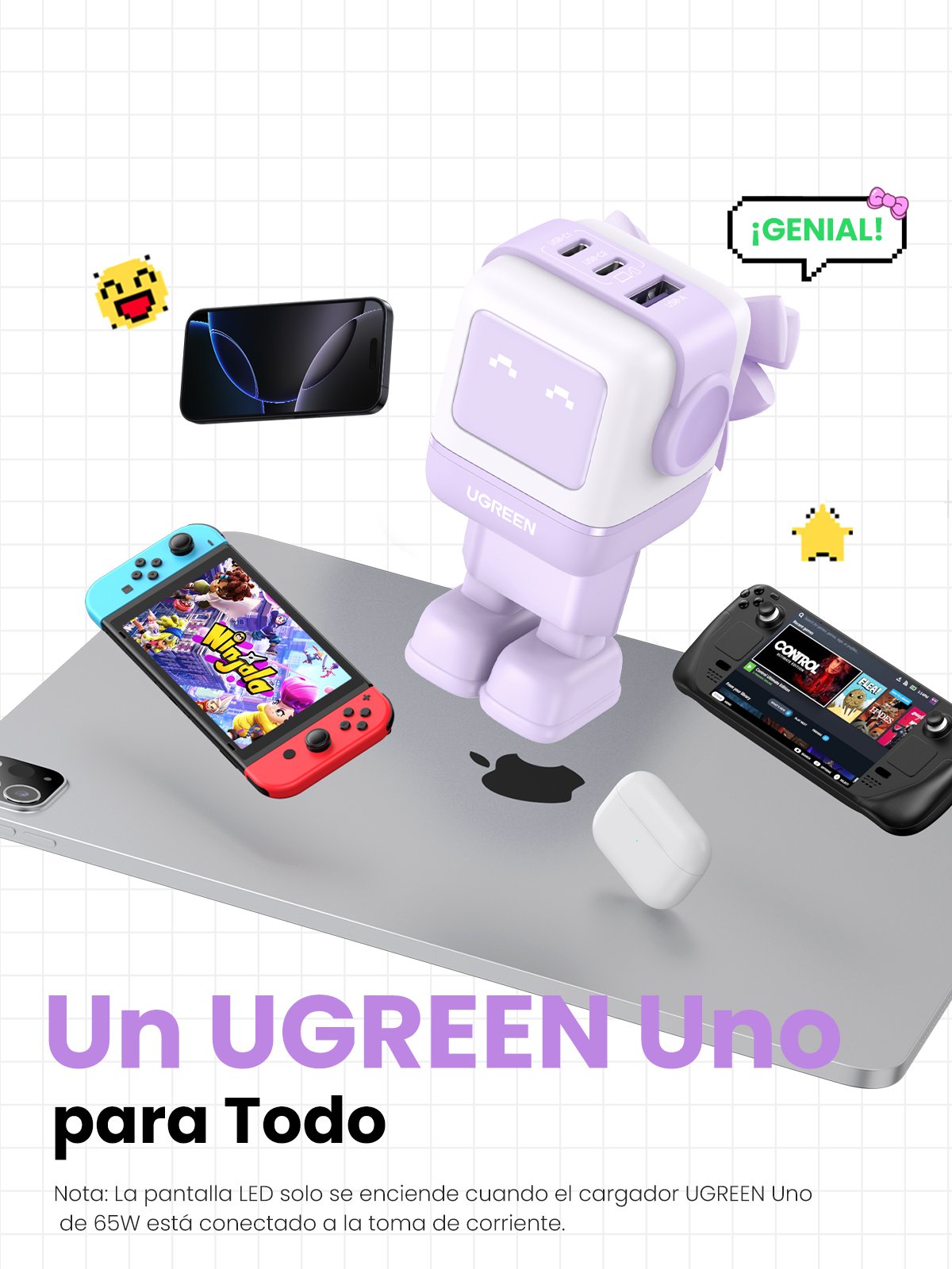 Cargador Ugreen Usb-A+2*Usb-C 65w Gan Fast