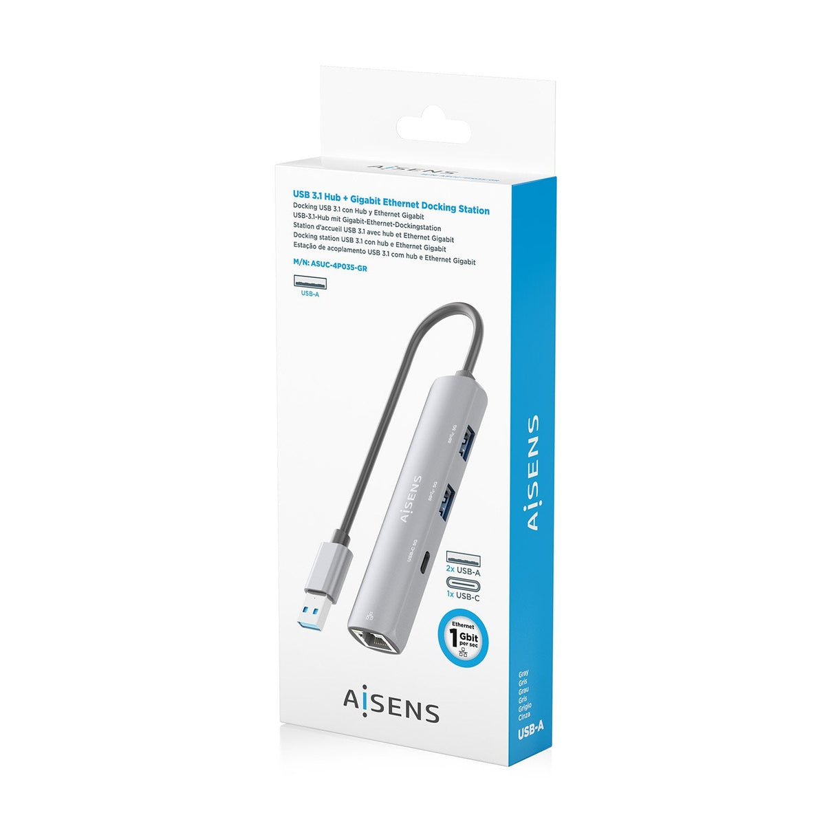 Aisens Usb3.0 Dock Usb-A A Ethernet Gigabit + Hub 1xusb-C+2xusb-A, Gris, 15cm