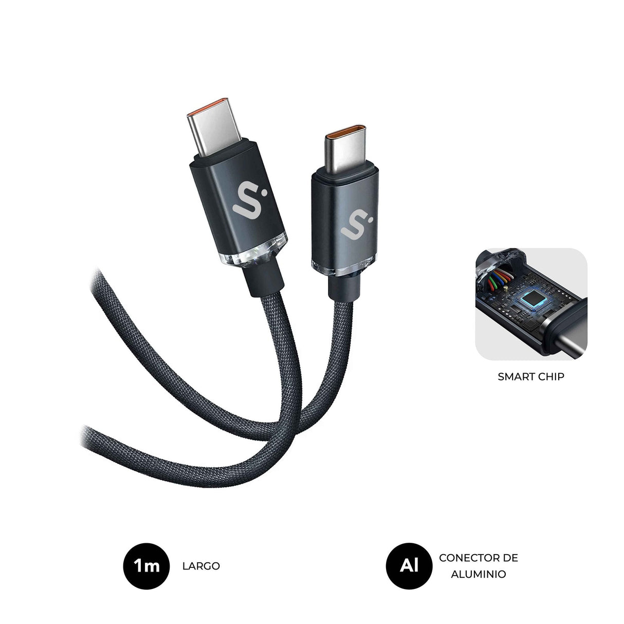 Cable Optimus 60w Usb-C/Usb-C 1 M Negro Subblim 60w/ Longitud: 1m/ Usb-C &Harr; Usb-C/ Pd